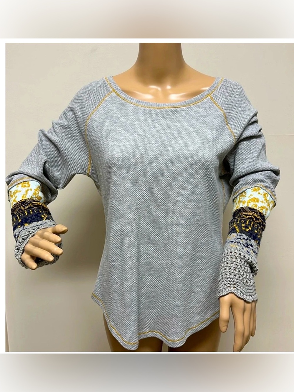 Chelsea & Theodore Long Sleeve Thermal Waffle Knit with Crochet Sweater Sleeves